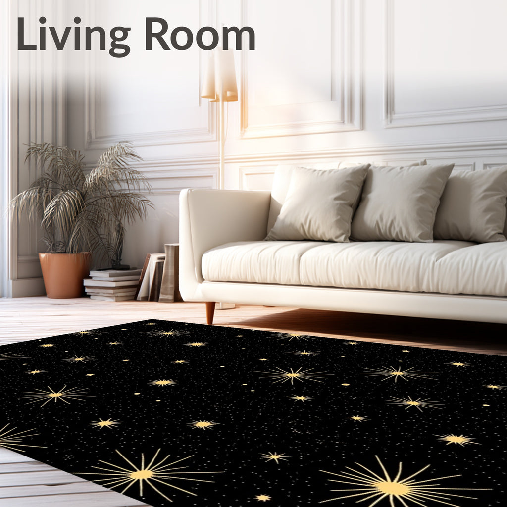 Golden Starburst Galaxy Black Shimmer Rug