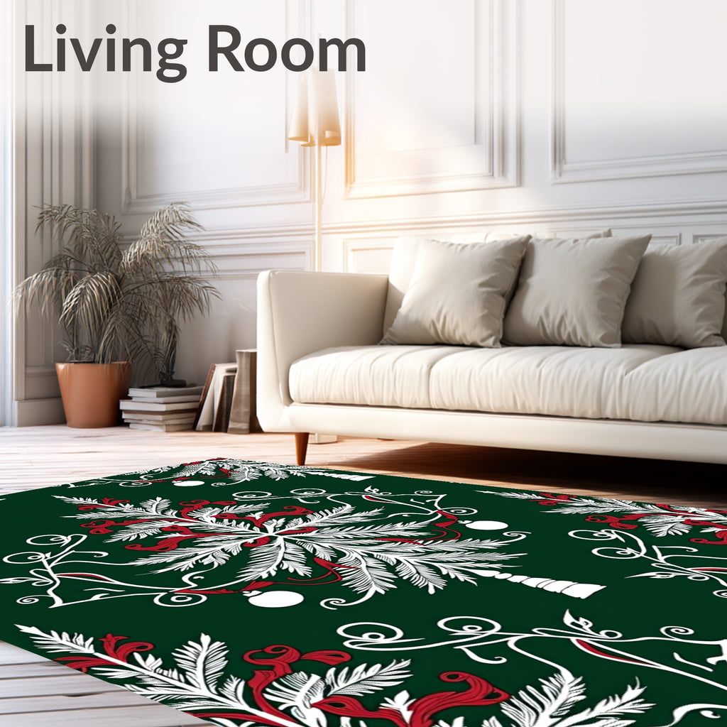 Festive Red White Evergreen Ornaments Rug
