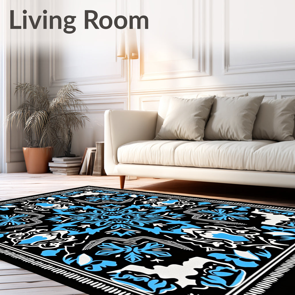 Bold Blue Floral Mandala Black Rug