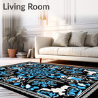 Bold Blue Floral Mandala Black Rug