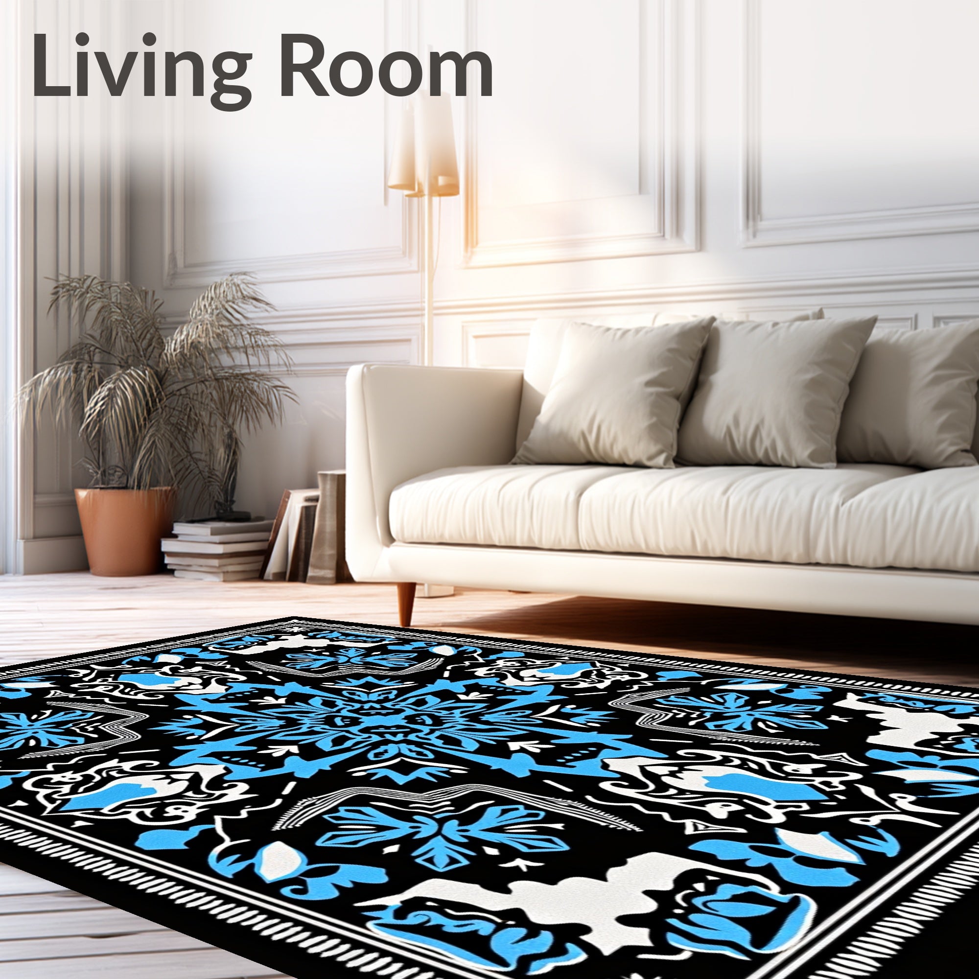 Bold Blue Floral Mandala Black Rug