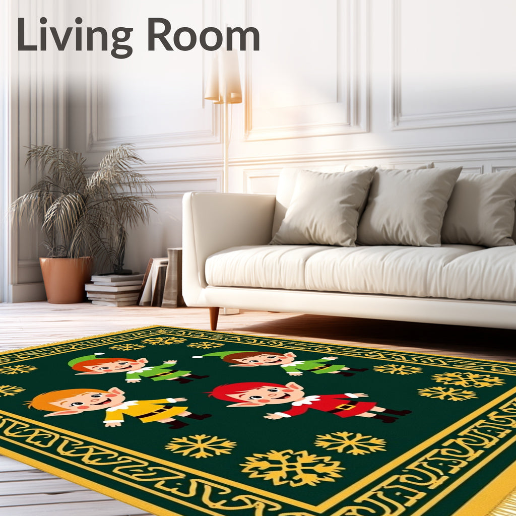 Festive Green Elves Snowflake Border Rug