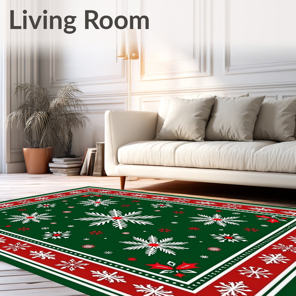 Festive Green White Red Snowflakes Border Rug