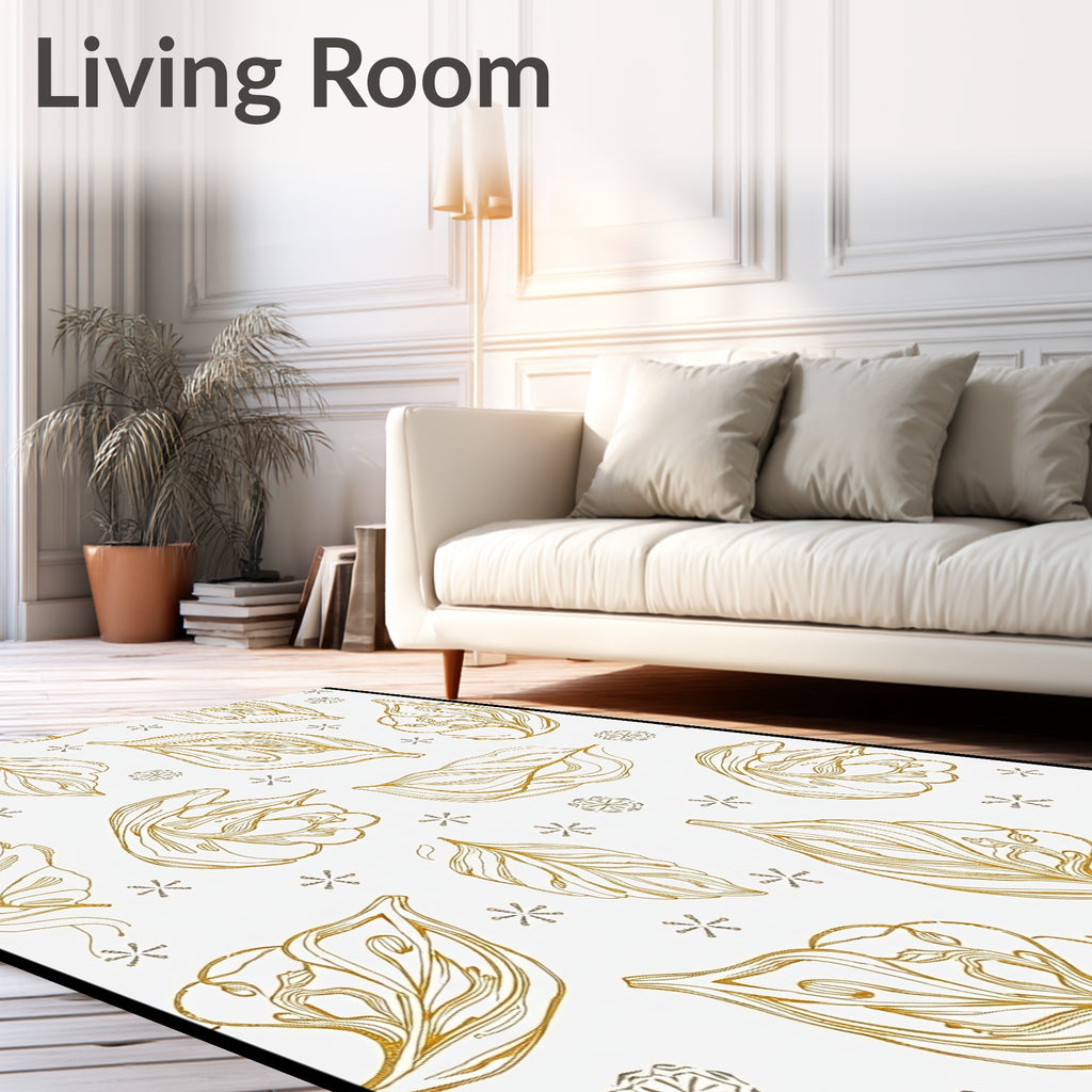 Golden Leafy Outline White Background Rug
