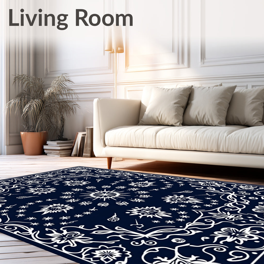 Navy White Floral Garland Sunburst Rug