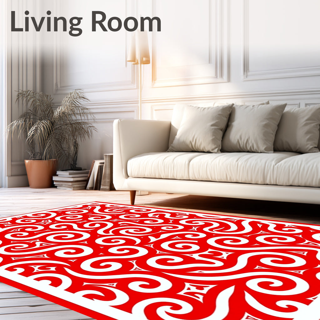 Bold Red Swirls and Triangles Repeat Rug