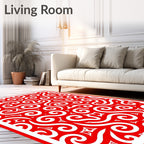Bold Red Swirls and Triangles Repeat Rug
