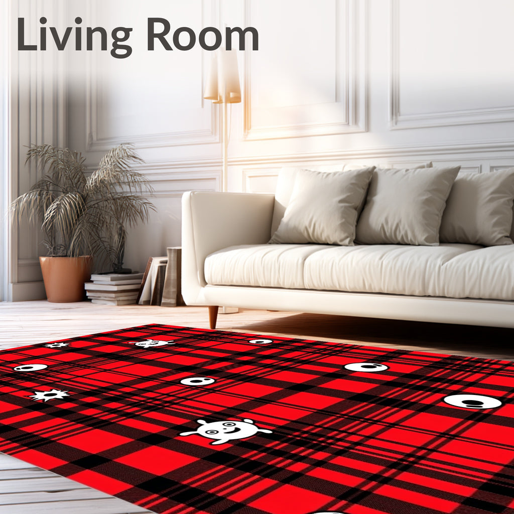 Red Black Plaid Whimsical Creatures Rug