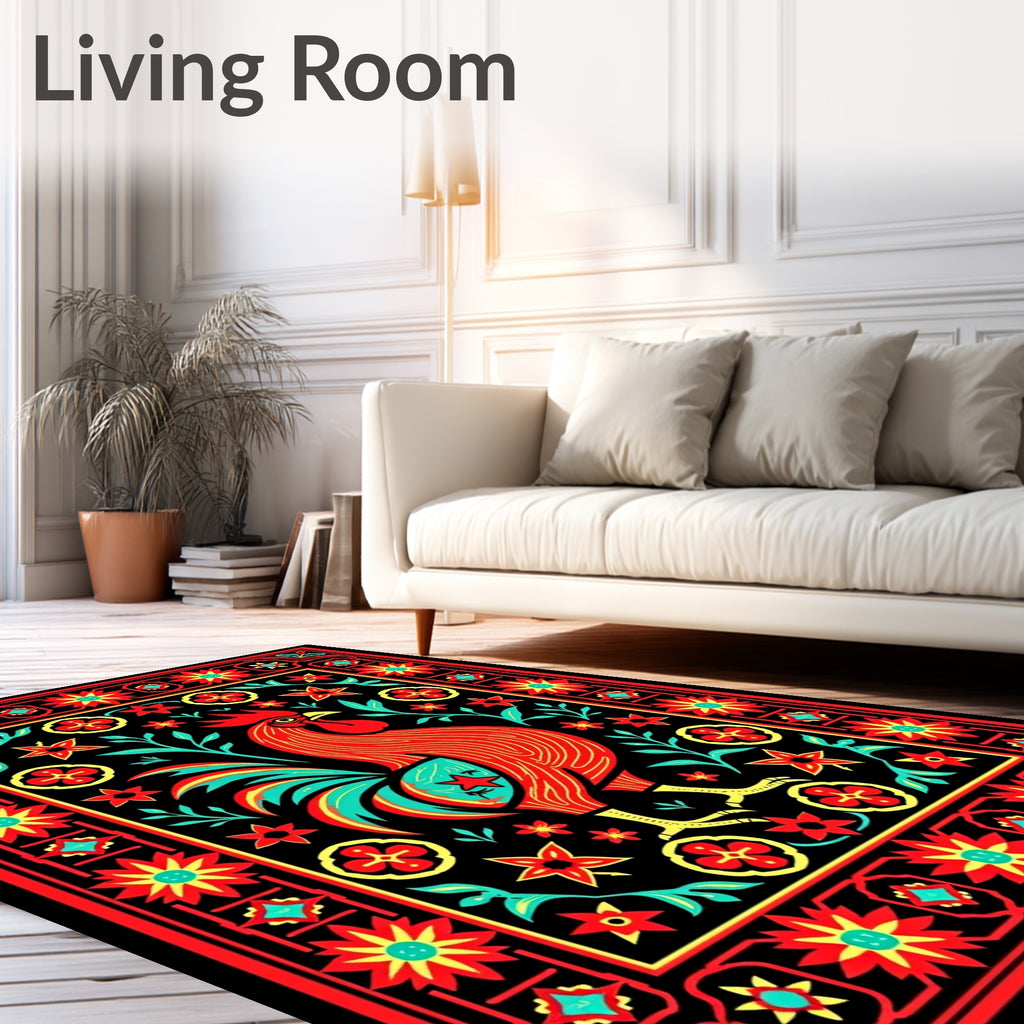 Rooster Floral Border Red Black Rug