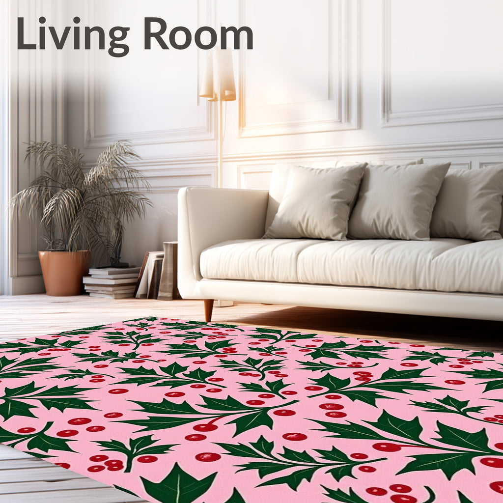 Whimsical Holly Berries Pink Background Rug
