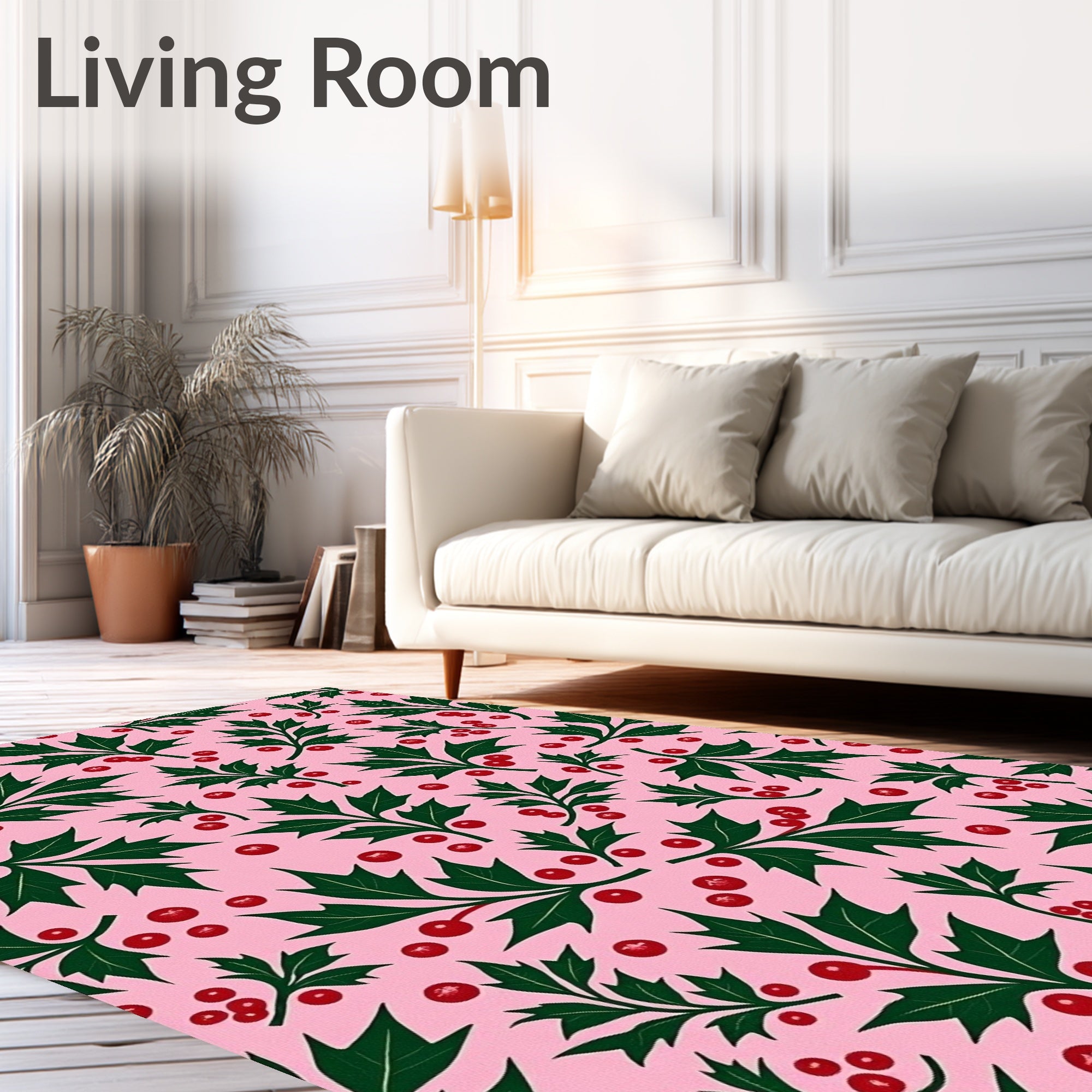Whimsical Holly Berries Pink Background Rug