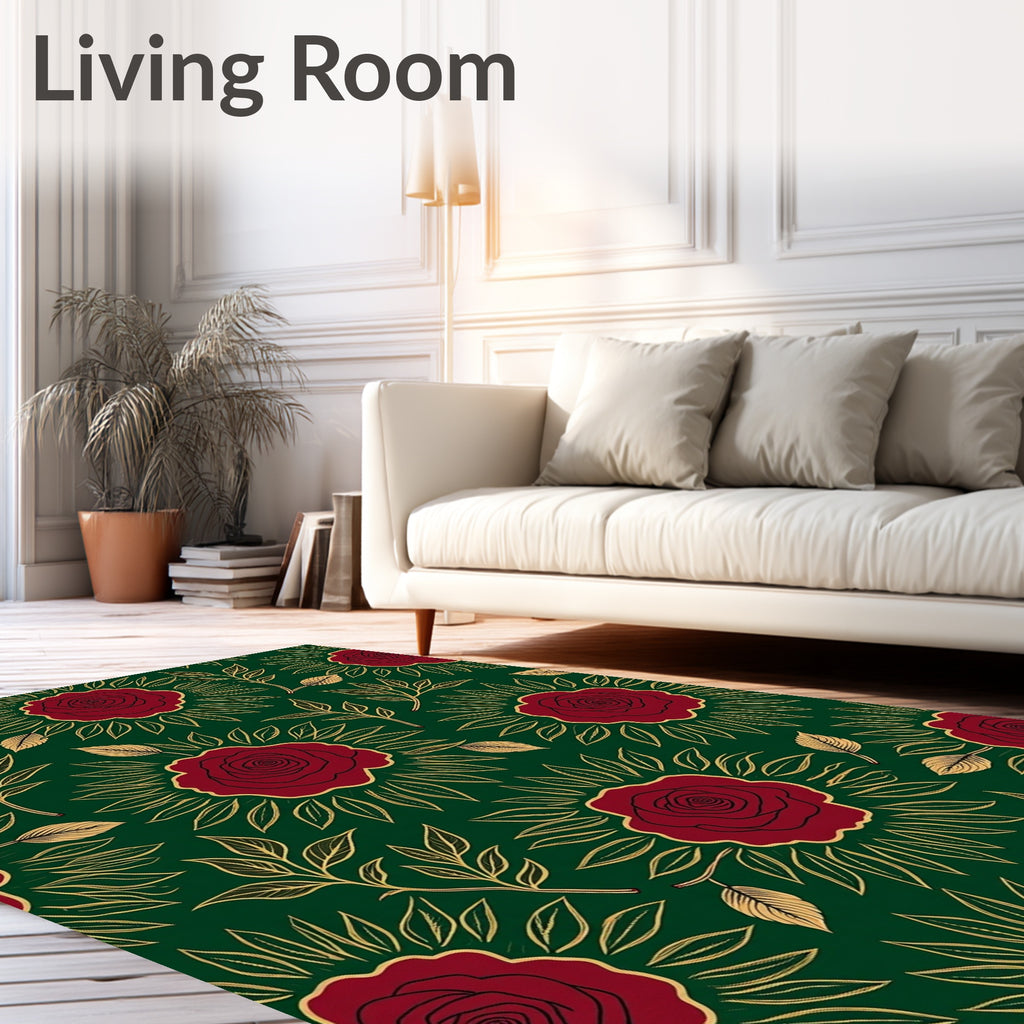 Deep Emerald Red Golden Rose Garden Rug