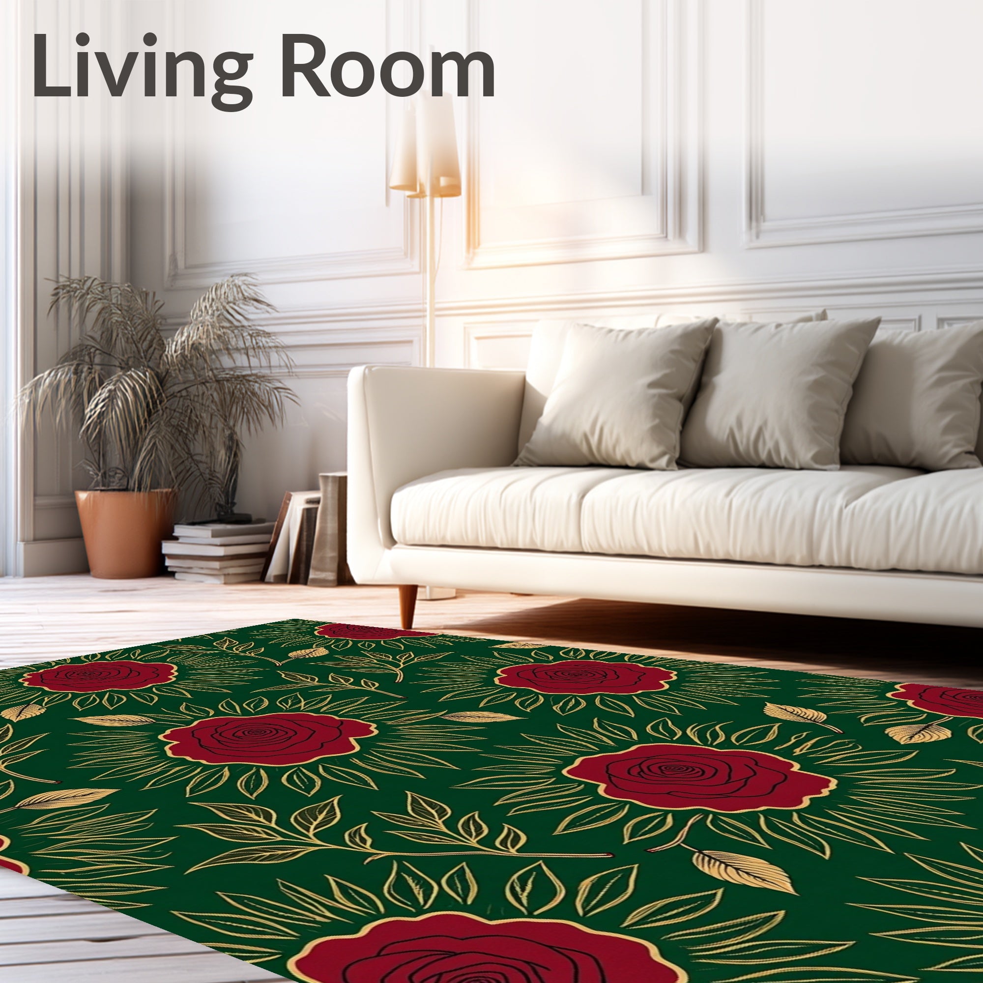 Deep Emerald Red Golden Rose Garden Rug