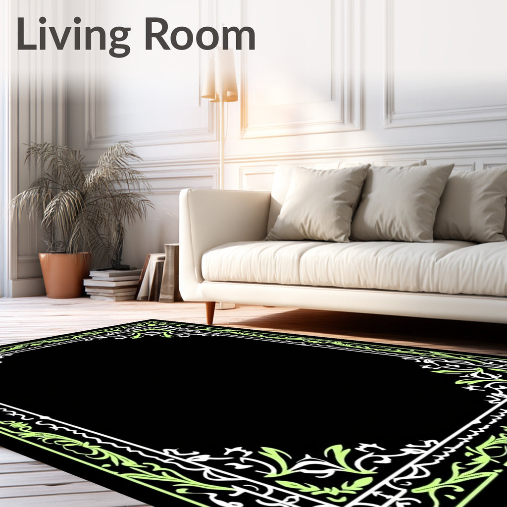 Elegant Light Green Foliage Scroll Border Rug
