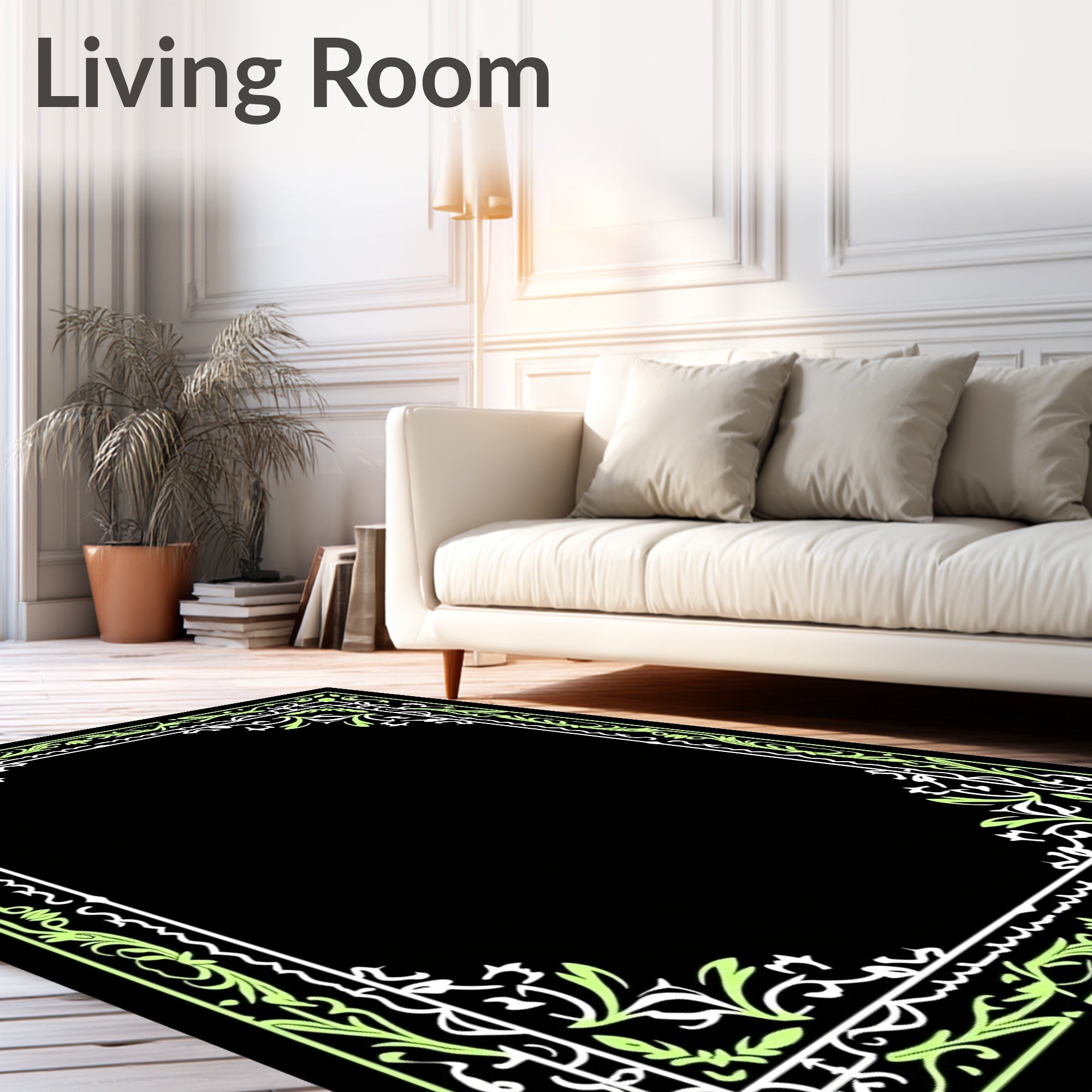 Elegant Light Green Foliage Scroll Border Rug