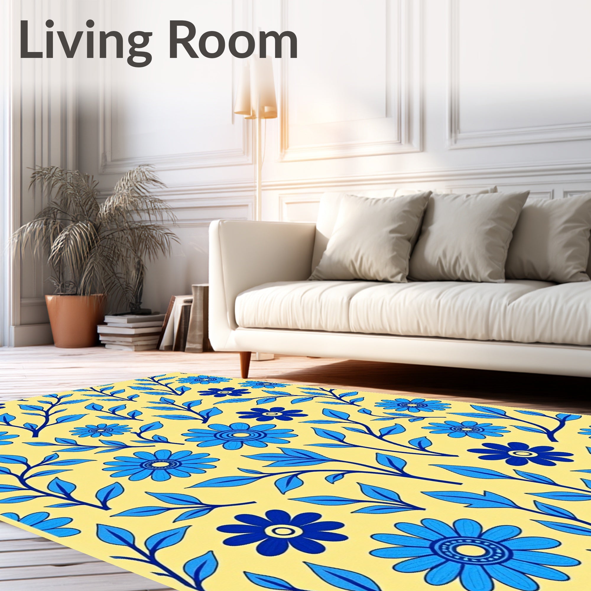 Blue Floral Branches on Yellow Background Rug