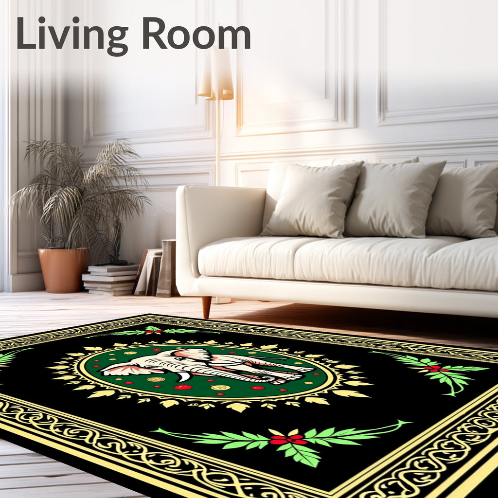 Elegant Ivory Elephant Festive Green Oval Rug