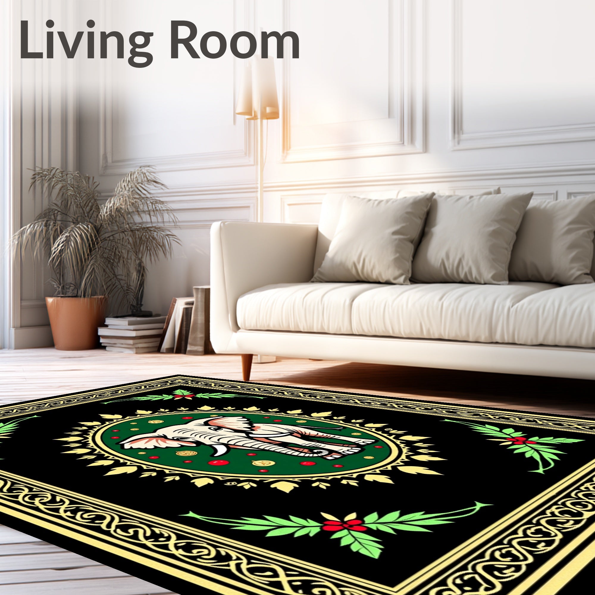 Elegant Ivory Elephant Festive Green Oval Rug