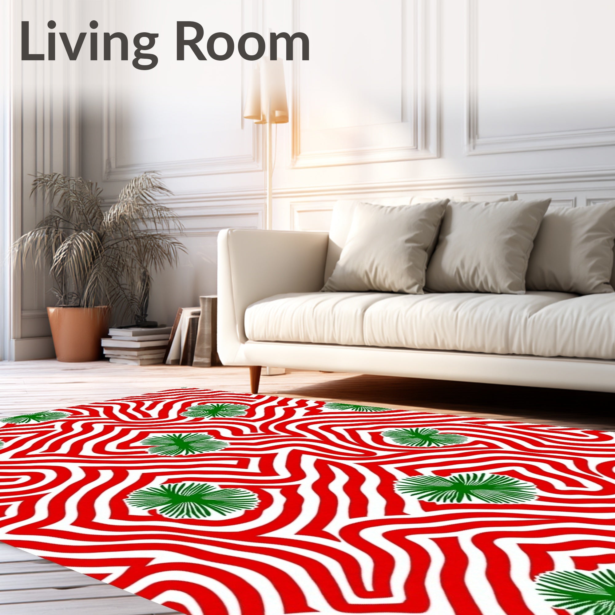 Red White Green Botanical Swirl Rug
