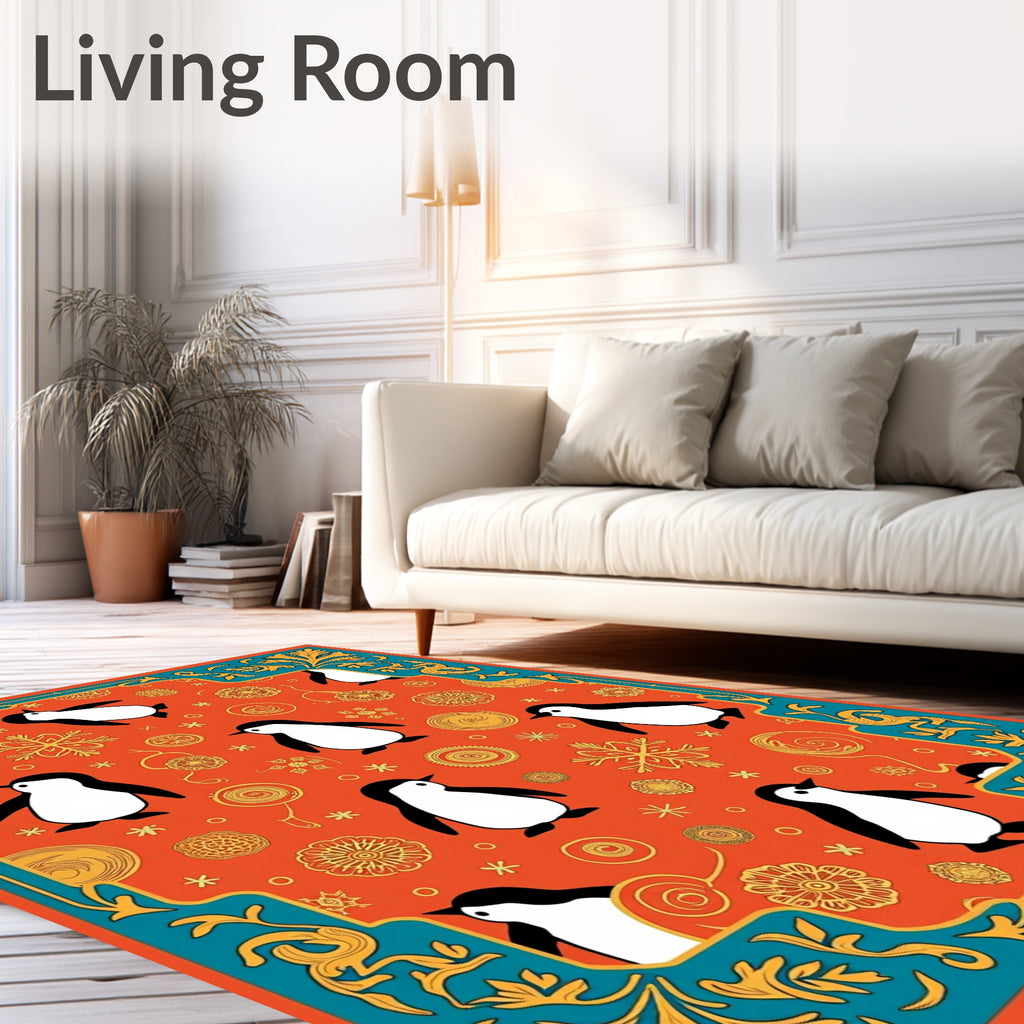 Whimsical Penguin Orange Floral Border Rug