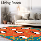 Whimsical Penguin Orange Floral Border Rug