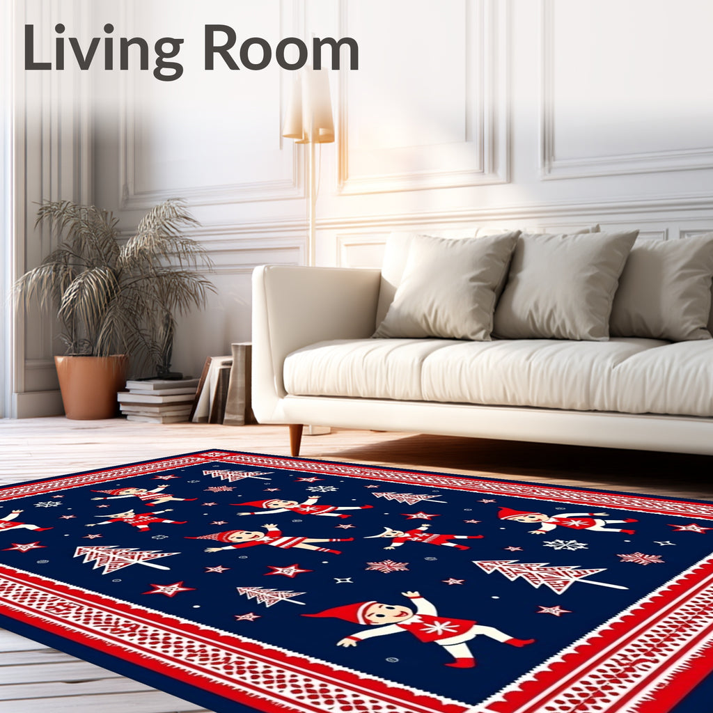 Festive Elves Red White Navy Christmas Rug