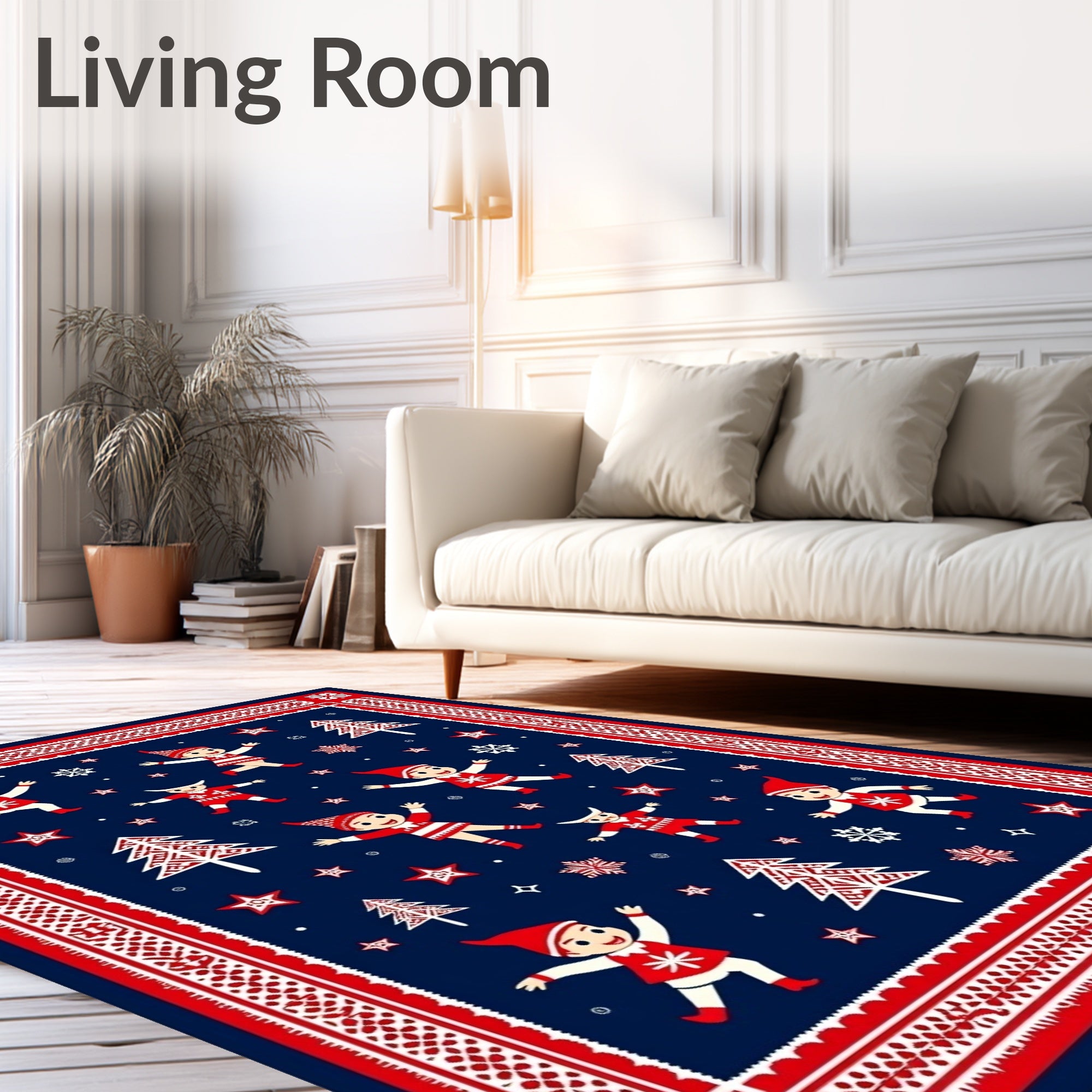 Festive Elves Red White Navy Christmas Rug