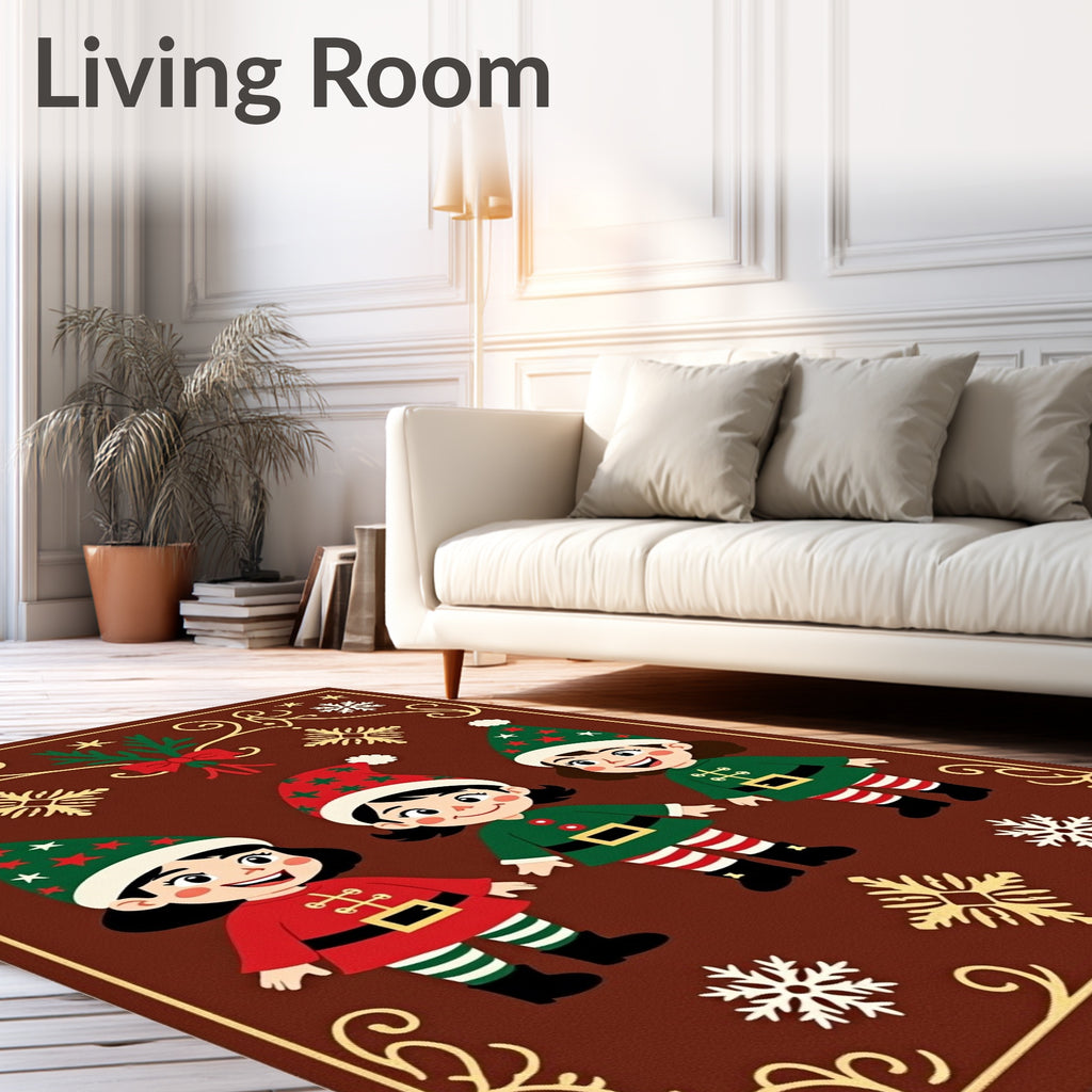 Christmas Elves With Holly And Snowflakes Rug