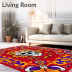 Vibrant Skull Floral Border Red Rug
