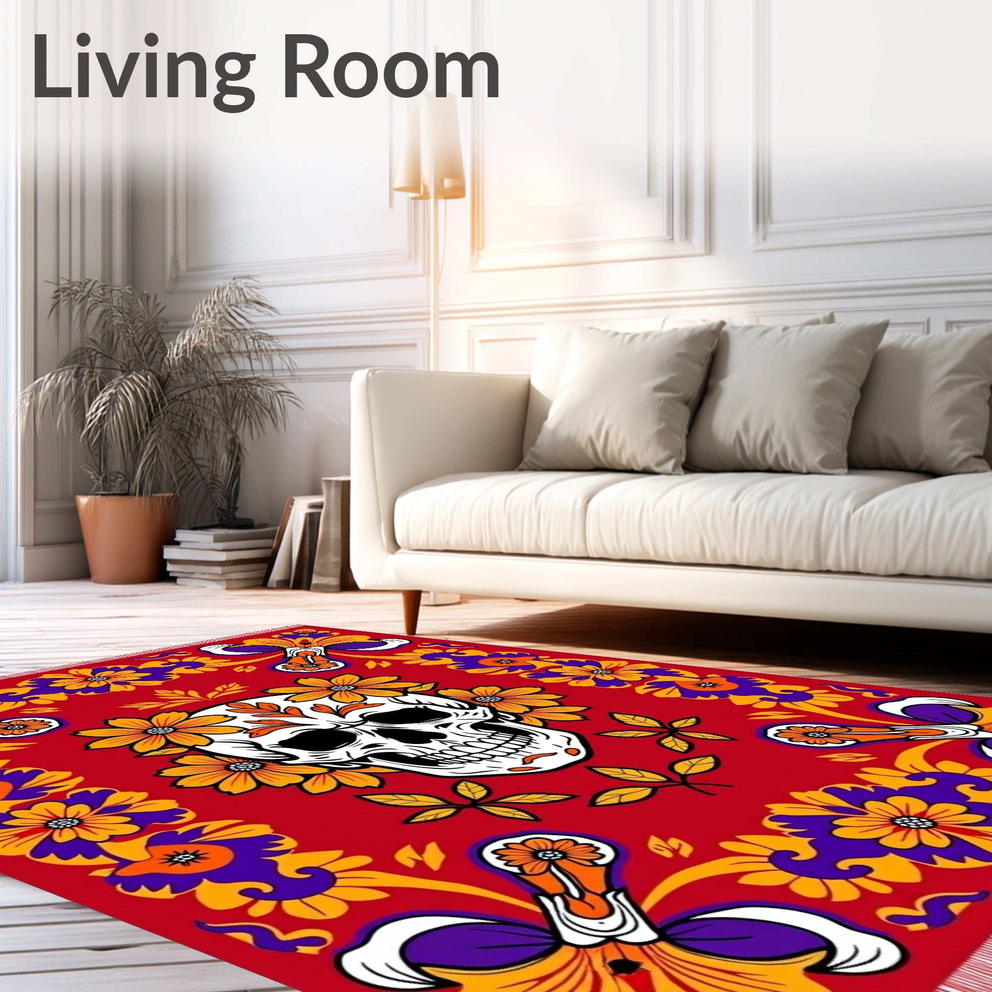 Vibrant Skull Floral Border Red Rug