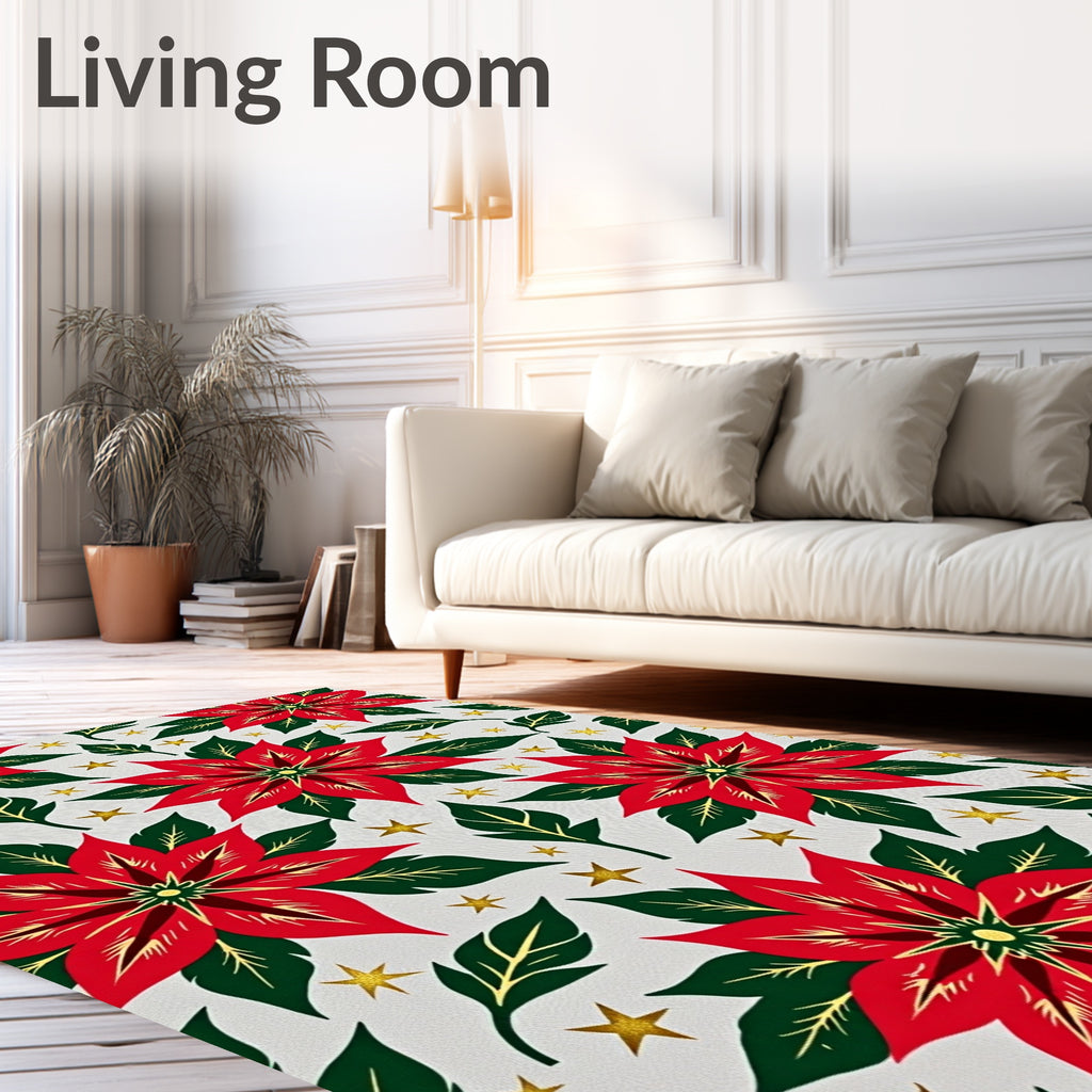 Festive Red Poinsettia Gold Star Rug