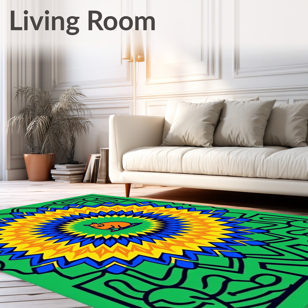 Vibrant Green Orange Sunburst Mandala Rug