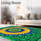 Vibrant Green Orange Sunburst Mandala Rug