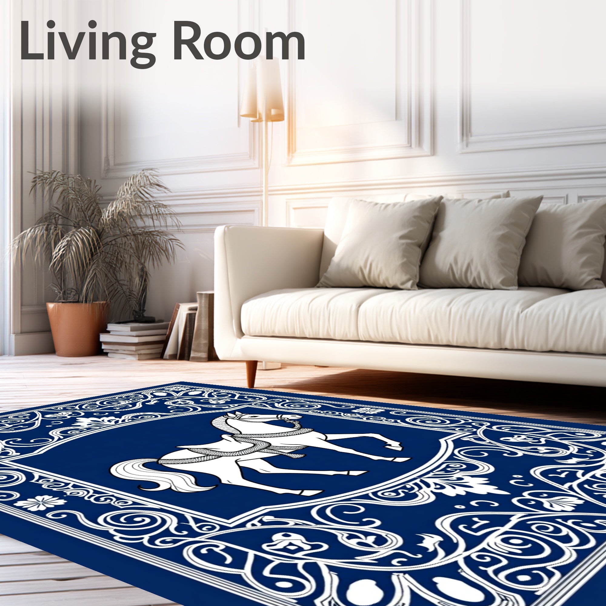 Regal White Horse Blue Medallion Border Rug
