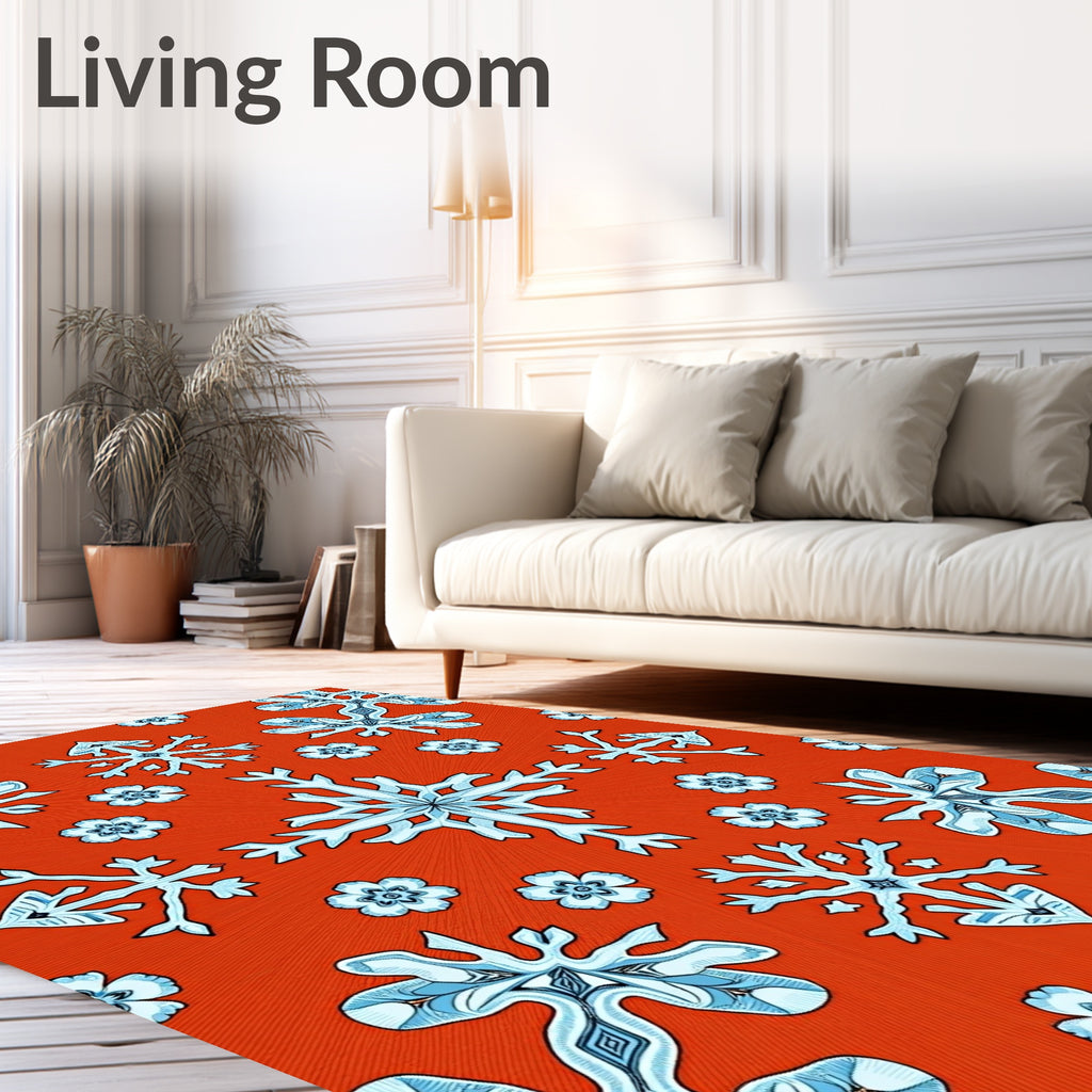 Crimson Snowflakes with Blue Floral Accents Rug