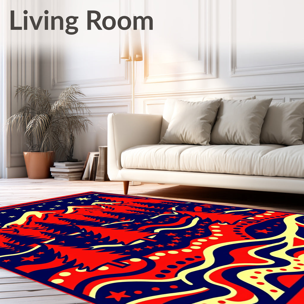 Bold Red Forest Night Mountains Rug