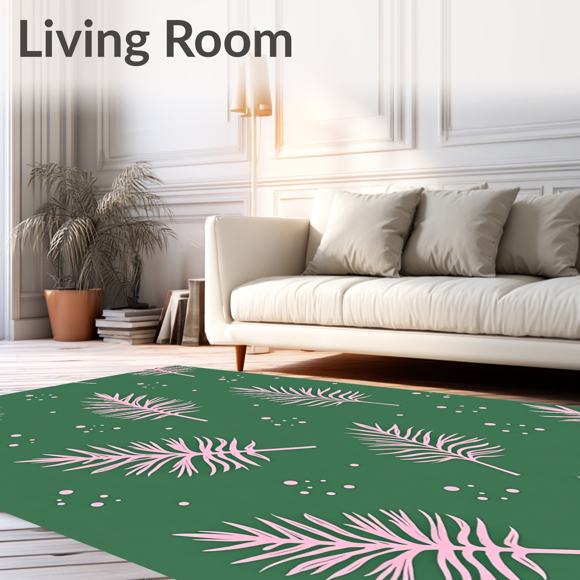 Pink Palm Frond Scattered Green Rug