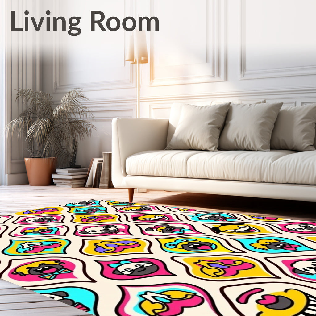 Retro Pug Face Colorful Mid Century Drops Rug