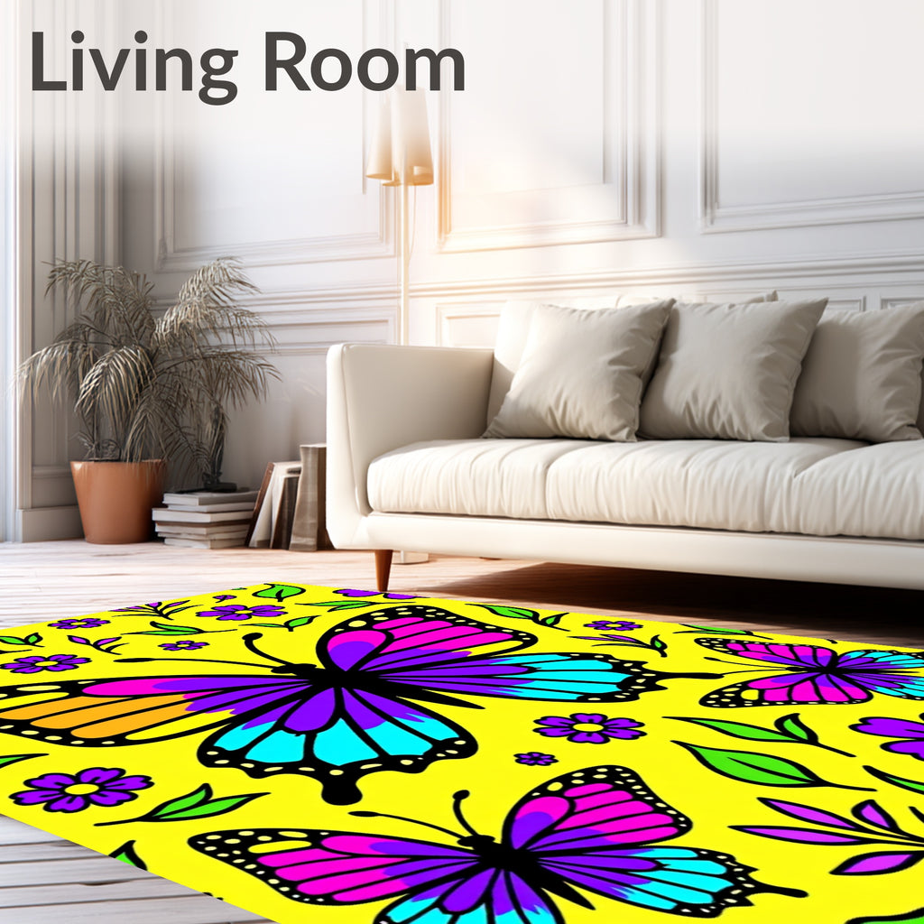 Vibrant Butterfly Purple Floral Yellow Rug