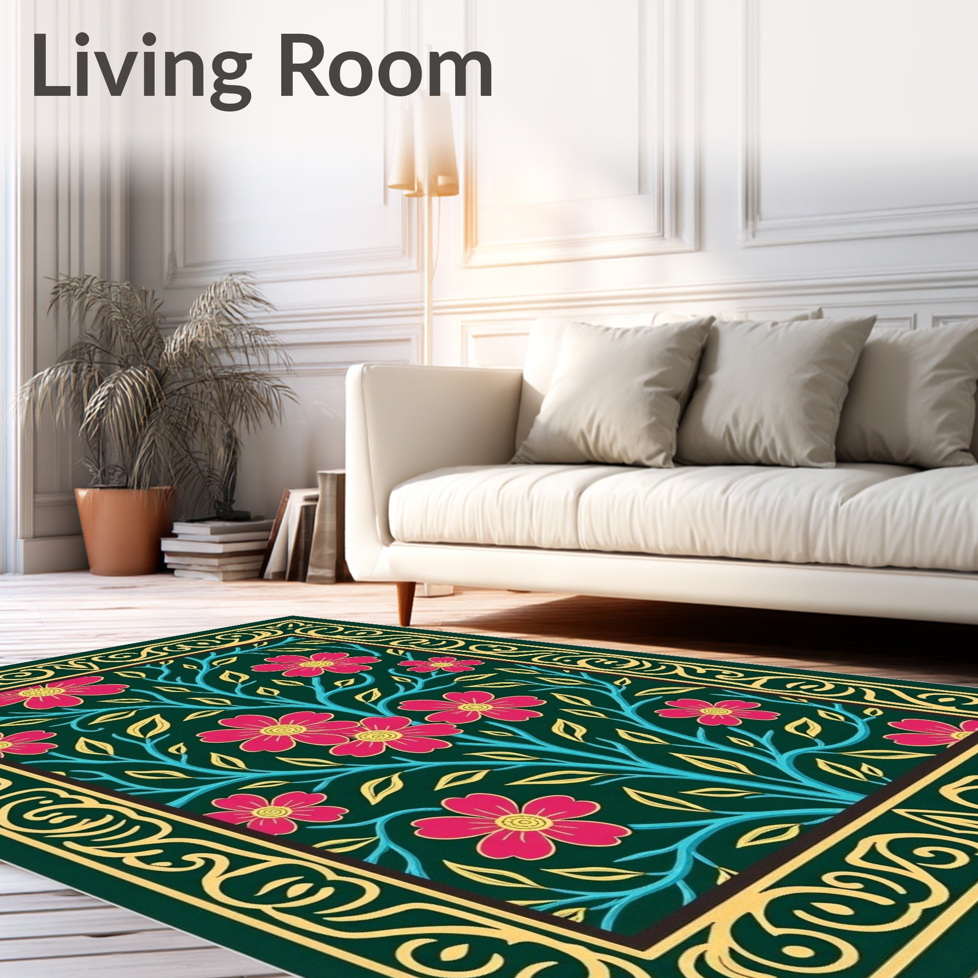 Emerald Green Floral Scroll Rug