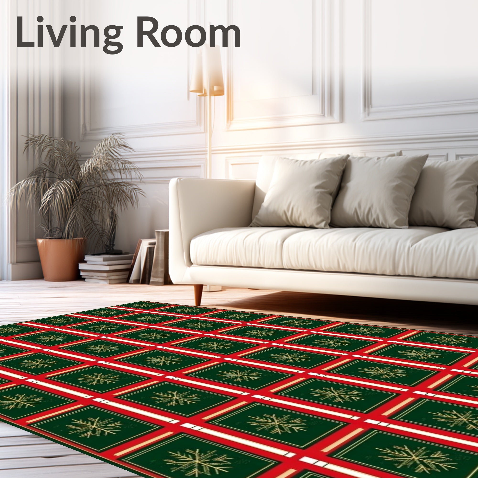 Red Green Gold Snowflake Plaid Rug