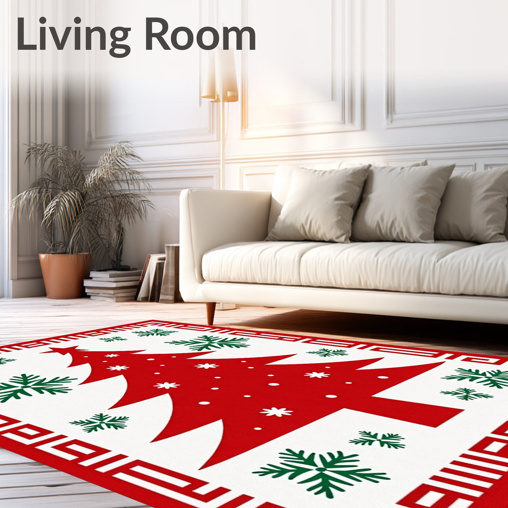 Red Christmas Tree Green Snowflakes Border Rug
