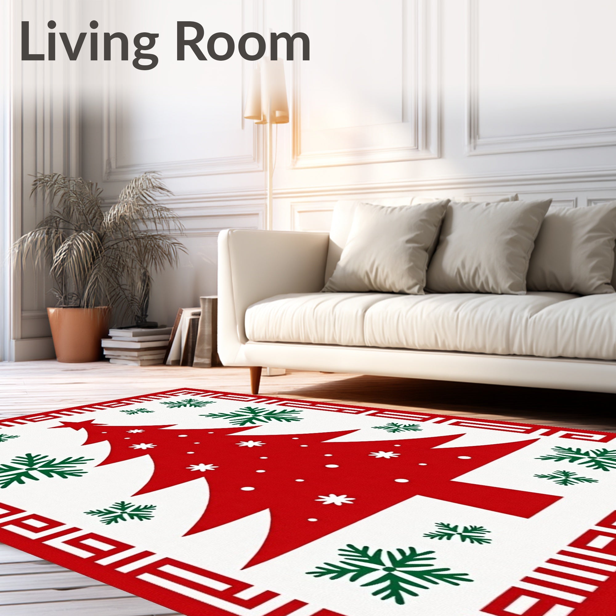 Red Christmas Tree Green Snowflakes Border Rug