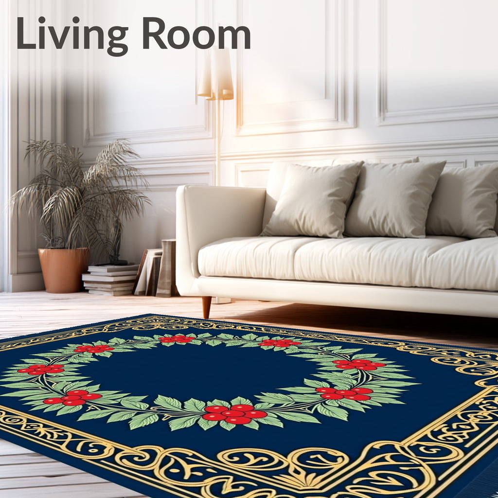 Navy Blue Cherry Blossom Laurel Wreath Rug