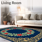 Navy Blue Cherry Blossom Laurel Wreath Rug