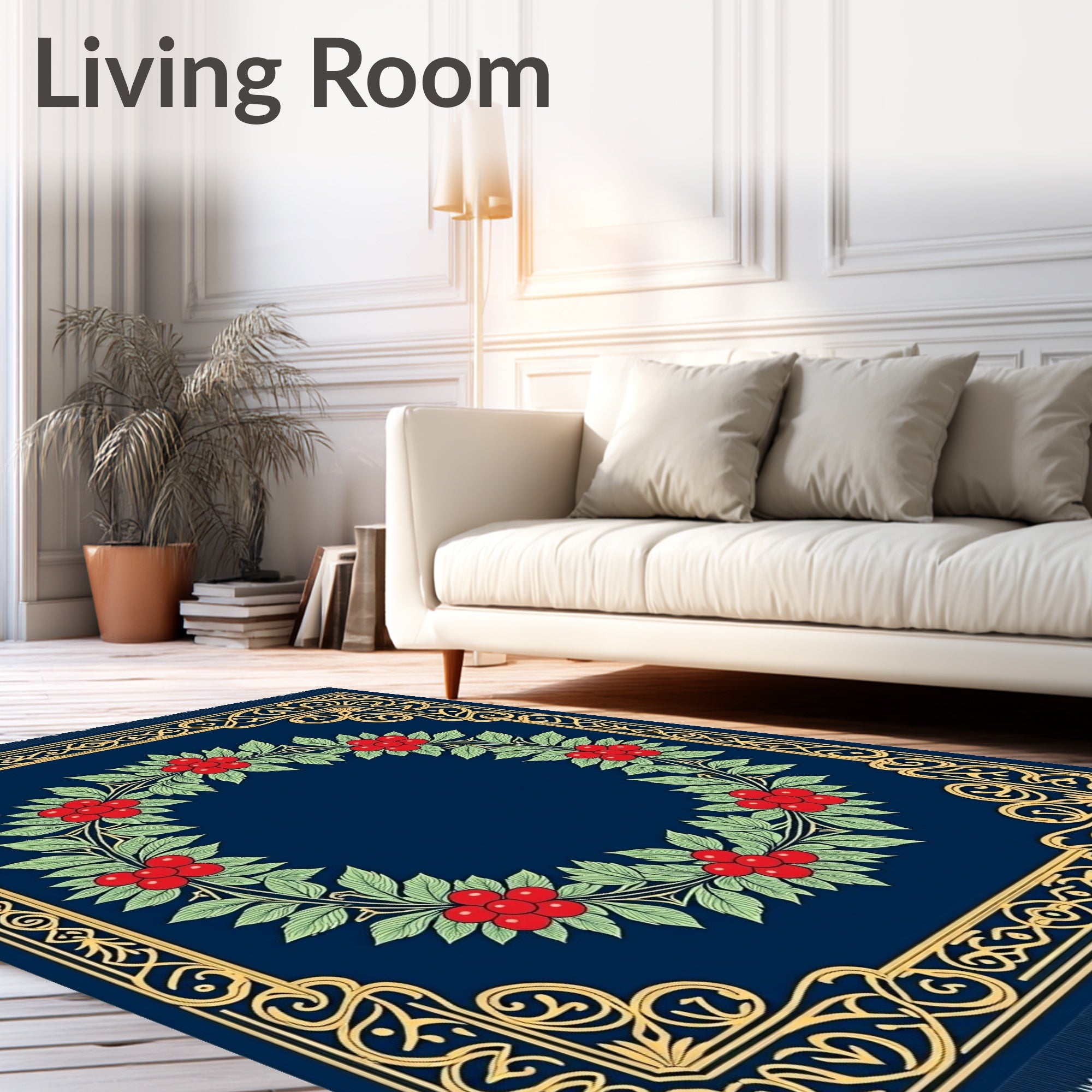 Navy Blue Cherry Blossom Laurel Wreath Rug