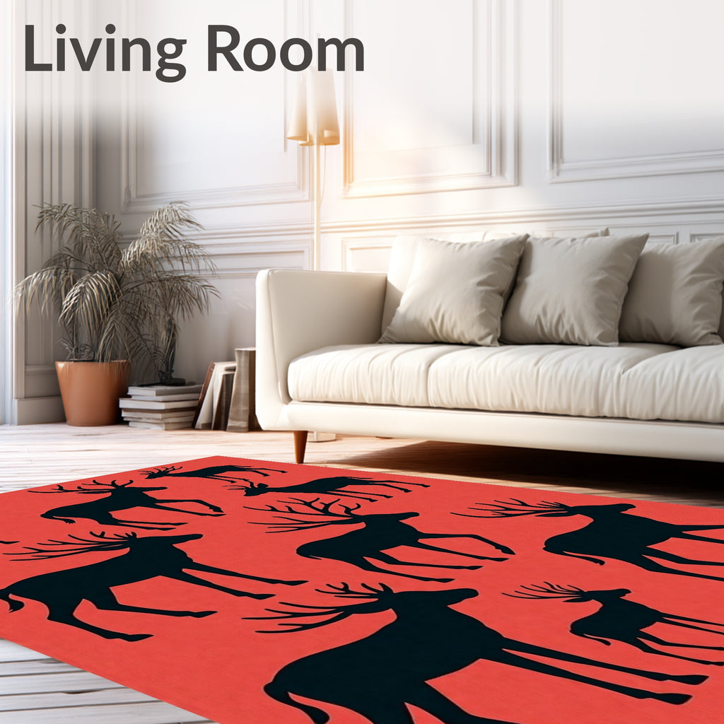 Black Deer Silhouette Red Contemporary Rug