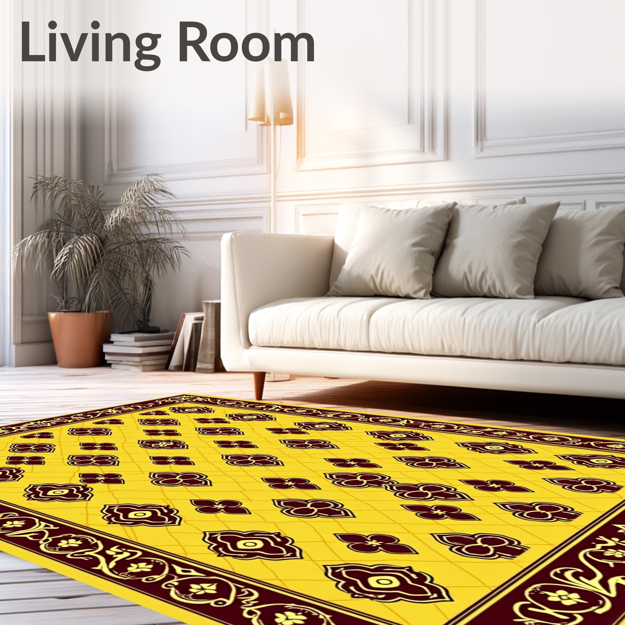 Gold Yellow Maroon Floral Scroll Border Rug