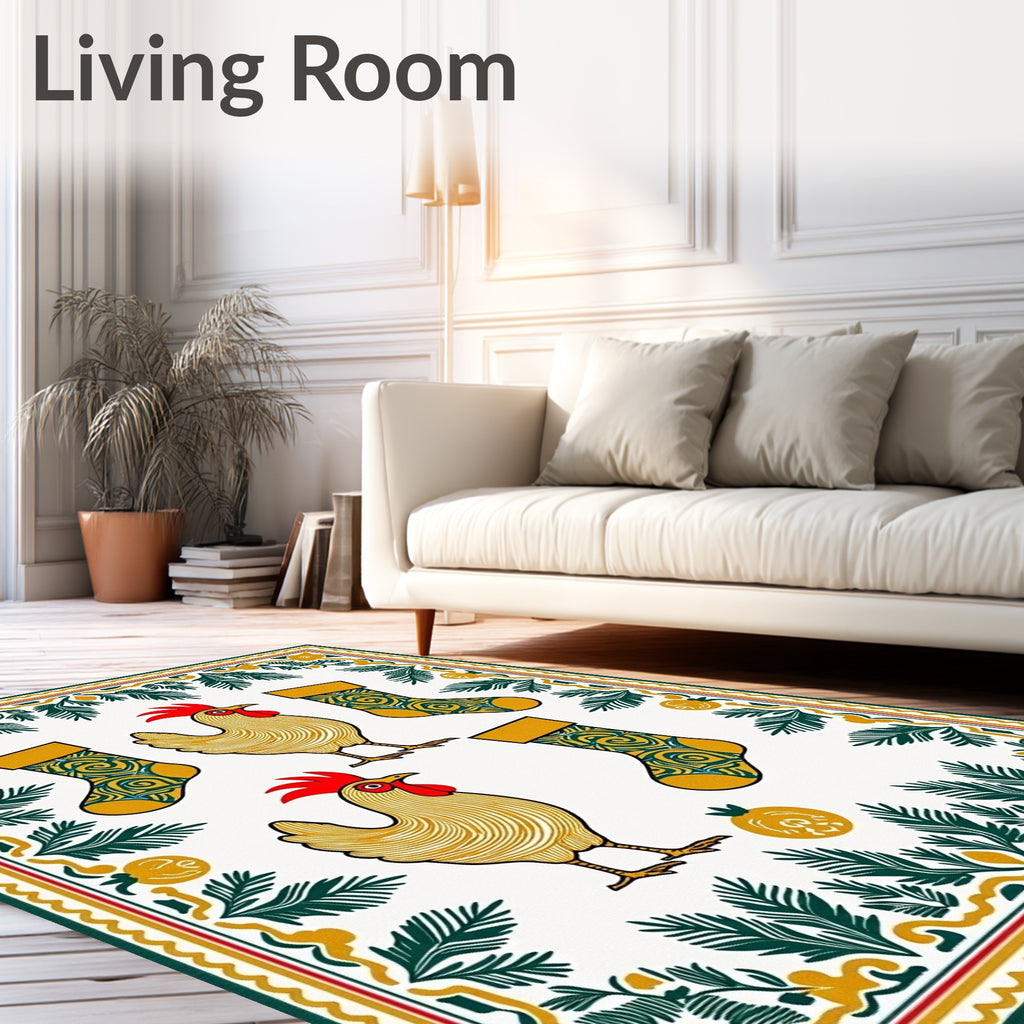 Golden Roosters And Green Swirl Stockings Rug