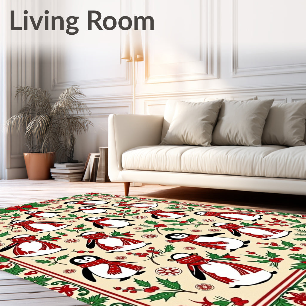 Festive Red Scarf Penguins Holly Berries Rug
